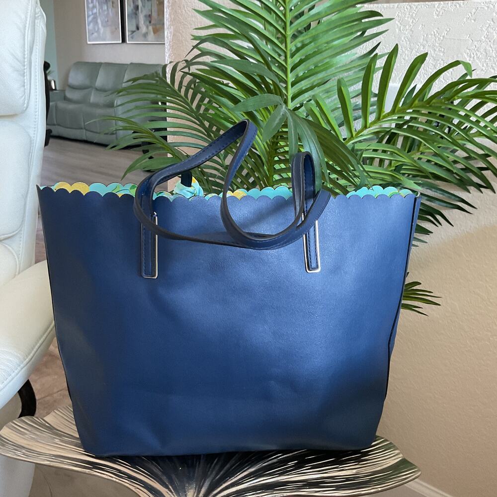 Trina Turk Blue Tote Bag Lemon Pattern interior and Lemon Scarf Open top - Picture 2 of 6